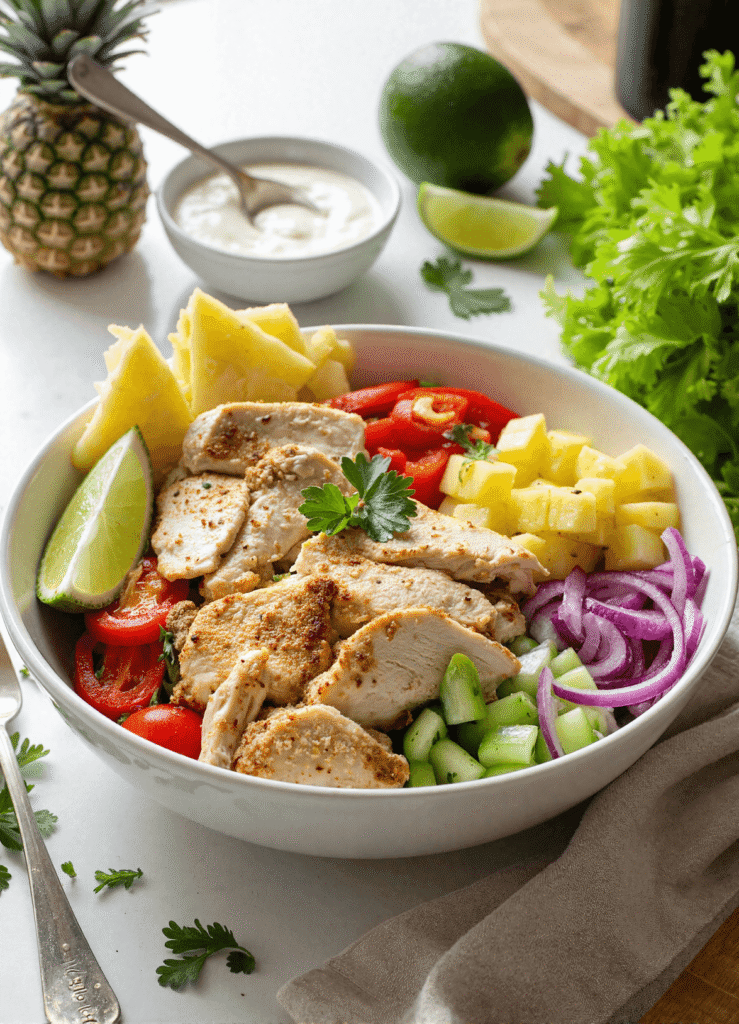 Close-up of Hawaiian chicken salad with grilled chicken, pineapple, cucumbers, tomatoes, and red onion in a white bowl.