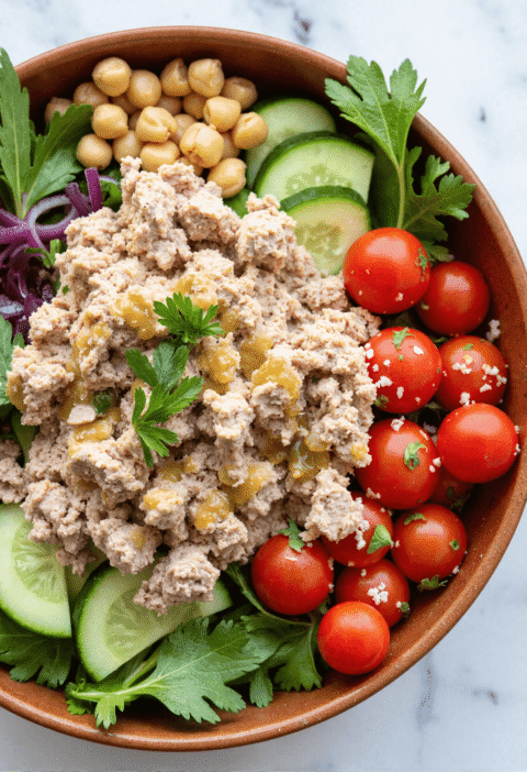 Close-up of a high-protein tuna chickpea salad bowl with cubed tuna, chickpeas, cucumber, and cherry tomatoes.