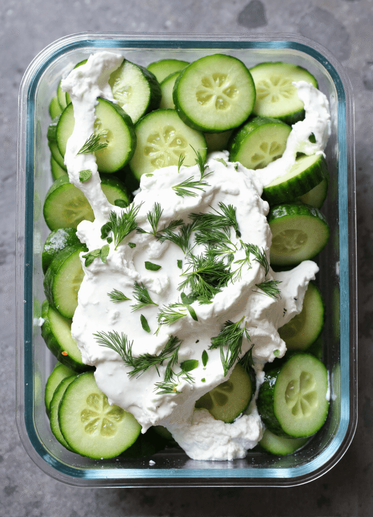 Overhead view of sliced cucumbers topped with thick Greek yogurt tzatziki and fresh dill in a glass meal prep container.