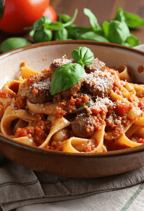 A rustic ceramic bowl filled with Italian drunken noodles tossed in spicy sausage and red wine tomato sauce, garnished with fresh basil and grated Parmesan.
