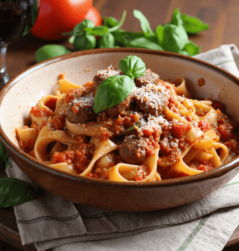 A rustic ceramic bowl filled with Italian drunken noodles tossed in spicy sausage and red wine tomato sauce, garnished with fresh basil and grated Parmesan.