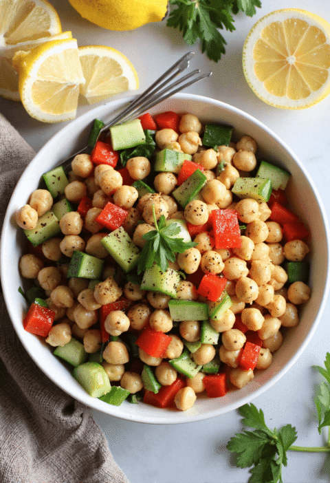 Overhead view of lemon pepper chickpea salad in a white bowl with cucumbers, red bell peppers, and parsley.