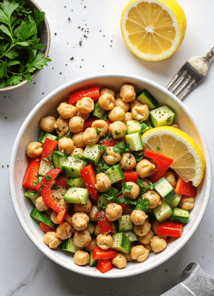 Lemon pepper chickpea salad in a white bowl with sliced cucumber, red pepper, parsley, and lemon wedge on the side.