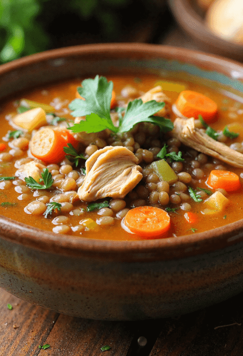 Rustic bowl of chicken and lentil soup with carrots, potatoes, and parsley on a wooden table.