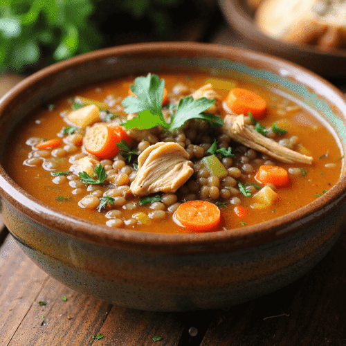 Rustic bowl of chicken and lentil soup with carrots, potatoes, and parsley on a wooden table.