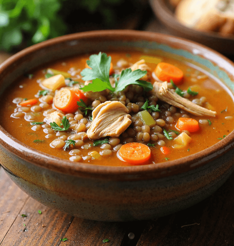 Rustic bowl of chicken and lentil soup with carrots, potatoes, and parsley on a wooden table.