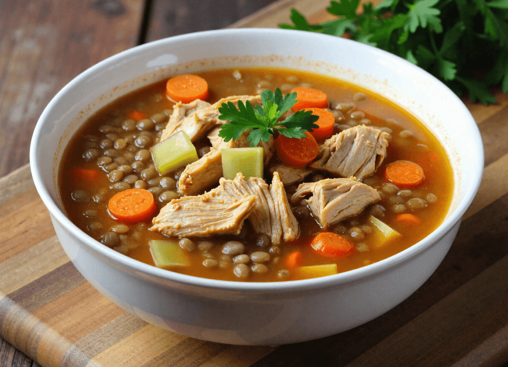 Hearty bowl of lentil and chicken soup with carrots and potatoes, garnished with parsley.