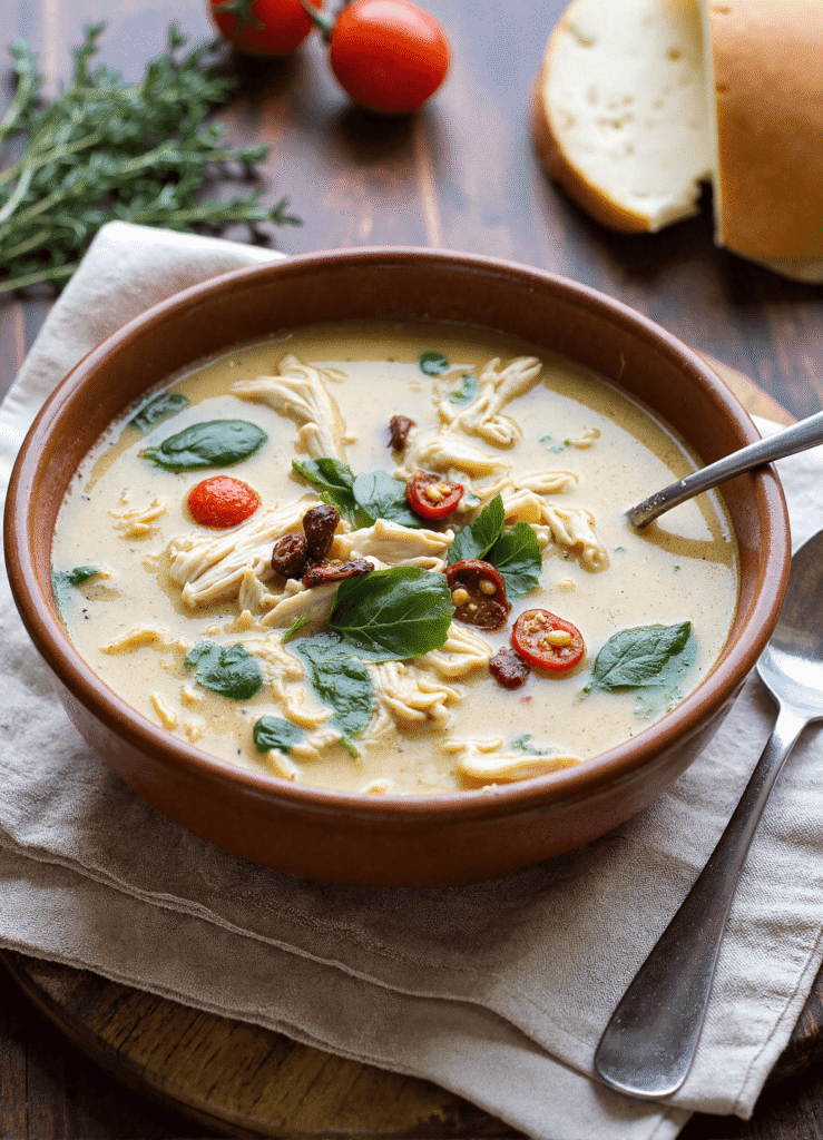 Creamy Marry Me Chicken Soup in a rustic brown bowl with spinach, shredded chicken, sun-dried tomatoes, and fresh herbs