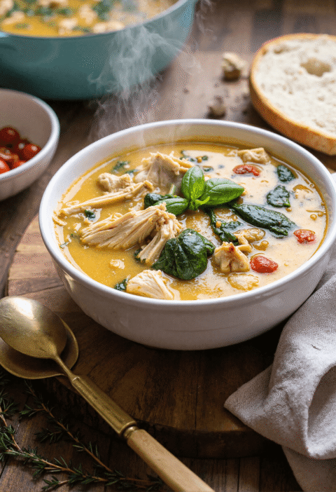 Steaming bowl of Marry Me Chicken Soup with spinach, cherry tomatoes, and shredded chicken in a creamy garlic parmesan broth