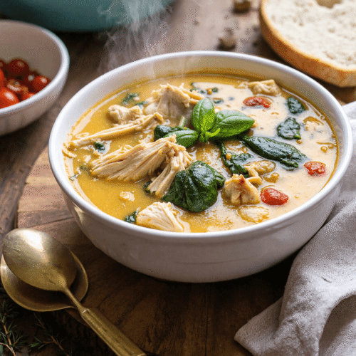 Steaming bowl of Marry Me Chicken Soup with spinach, cherry tomatoes, and shredded chicken in a creamy garlic parmesan broth