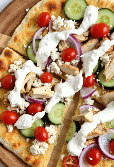 Flatbread pizza topped with grilled chicken, cherry tomatoes, cucumbers, red onion, feta, and tzatziki, sliced and served on a round wooden platter.