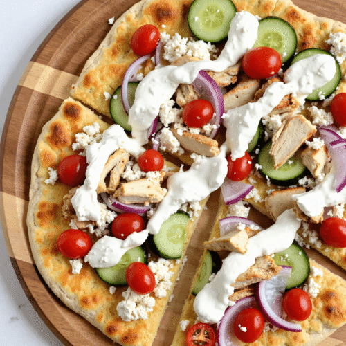 Flatbread pizza topped with grilled chicken, cherry tomatoes, cucumbers, red onion, feta, and tzatziki, sliced and served on a round wooden platter.