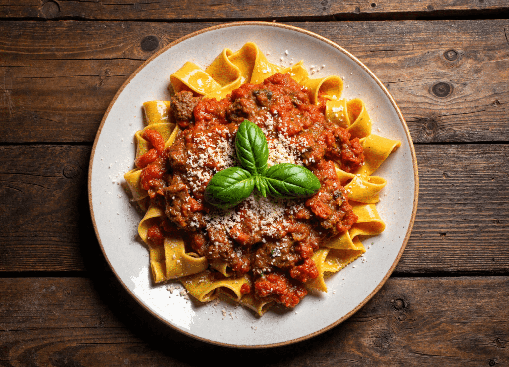 Overhead shot of wide pappardelle noodles topped with red wine sausage ragu, garnished with Parmesan cheese and a fresh basil sprig.