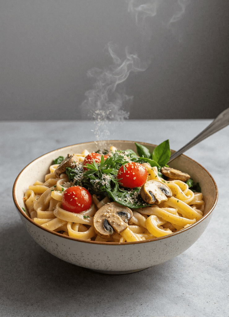 A warm bowl of creamy vegan pasta topped with cherry tomatoes, mushrooms, spinach, and herbs, with steam rising and parmesan-style sprinkle falling gently.