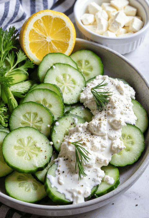 Sliced cucumbers in a ceramic bowl topped with tzatziki, lemon, dill, and crumbled feta on the side.