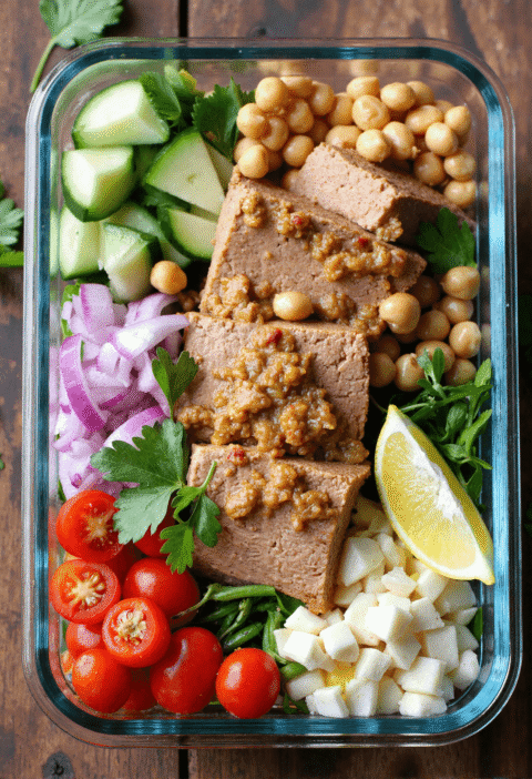 Meal prep glass container filled with protein-packed tuna garbanzo bean salad, featuring sliced cucumbers, chickpeas, red onion, cherry tomatoes, parsley, white cheese cubes, and a lemon wedge.