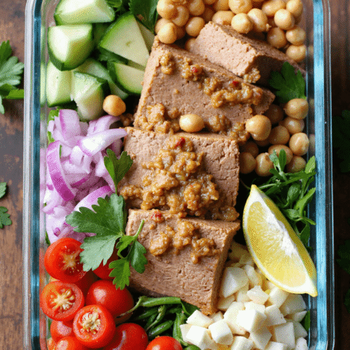 Meal prep glass container filled with protein-packed tuna garbanzo bean salad, featuring sliced cucumbers, chickpeas, red onion, cherry tomatoes, parsley, white cheese cubes, and a lemon wedge.