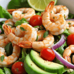 High-protein shrimp and avocado salad with cherry tomatoes, red onion, and mixed greens served with lime.