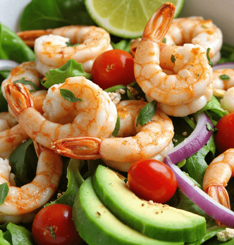 High-protein shrimp and avocado salad with cherry tomatoes, red onion, and mixed greens served with lime.