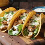 Grilled smash chicken Caesar tacos in crispy yellow corn tortillas with romaine, shaved parmesan, and creamy Caesar dressing, served on a wooden board.