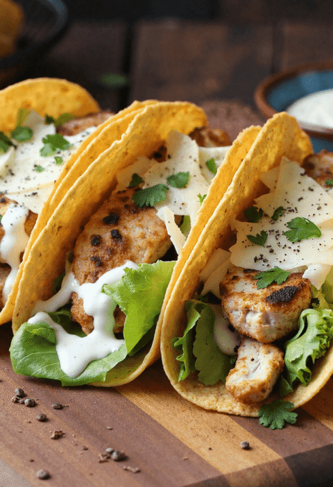 Grilled smash chicken Caesar tacos in crispy yellow corn tortillas with romaine, shaved parmesan, and creamy Caesar dressing, served on a wooden board.