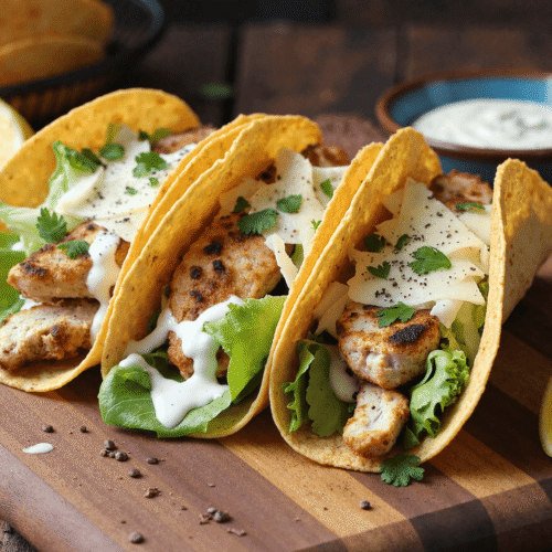 Grilled smash chicken Caesar tacos in crispy yellow corn tortillas with romaine, shaved parmesan, and creamy Caesar dressing, served on a wooden board.