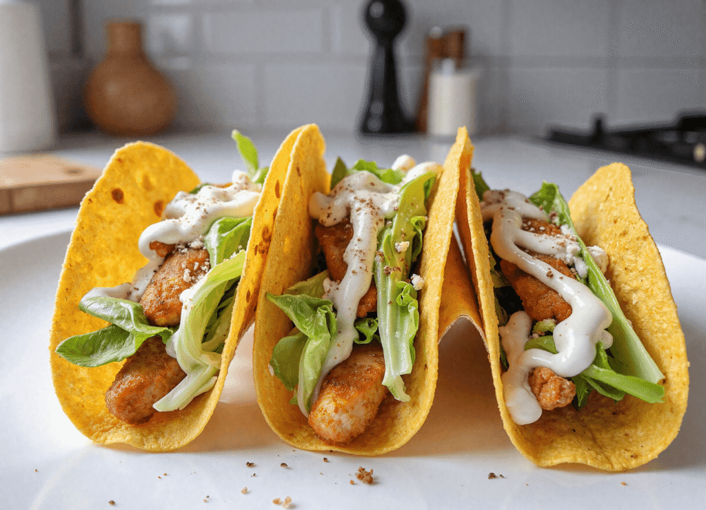 Three Caesar chicken tacos with crispy shells, seared chicken strips, romaine, Caesar dressing, and cracked black pepper on a white plate.
