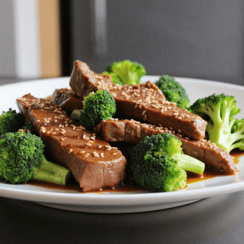 Tender steak strips glazed in savory stir-fry sauce, served over steamed broccoli and topped with sesame seeds on a white plate.