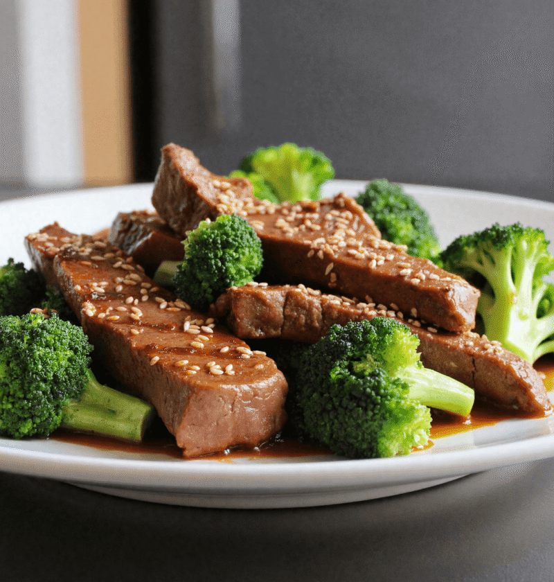 Tender steak strips glazed in savory stir-fry sauce, served over steamed broccoli and topped with sesame seeds on a white plate.
