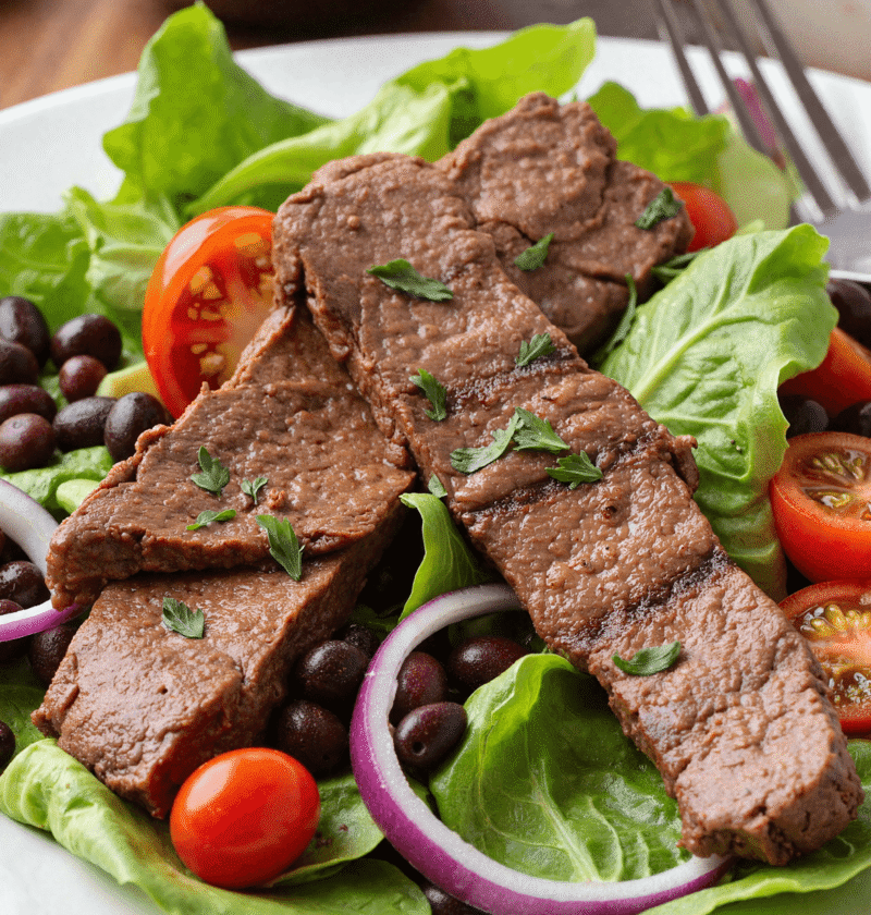 grilled steak salad with black beans, cherry tomatoes, red onion, and lettuce