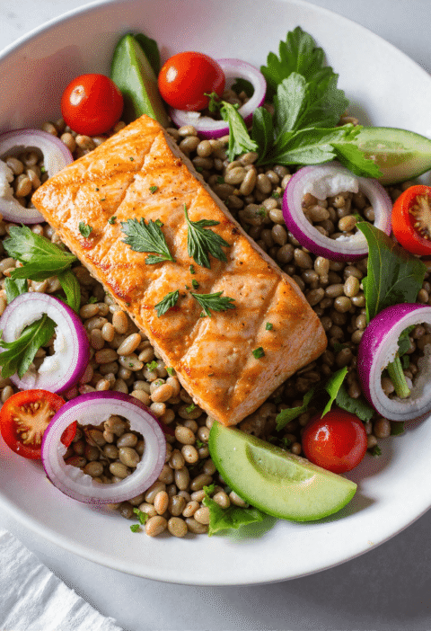 Grilled salmon filet served over a bed of lentils, cherry tomatoes, cucumbers, and red onions with fresh parsley.