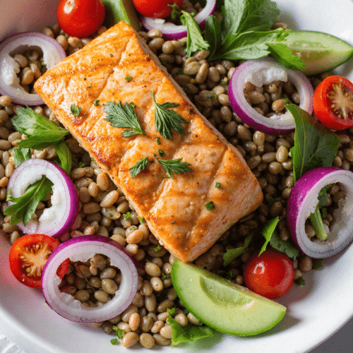 Grilled salmon filet served over a bed of lentils, cherry tomatoes, cucumbers, and red onions with fresh parsley.