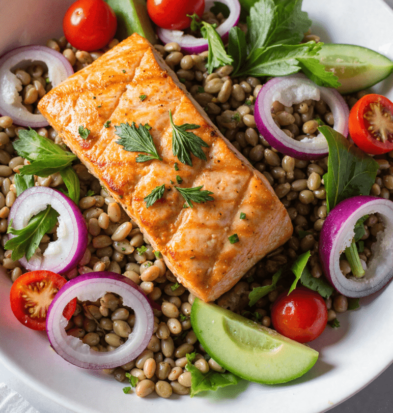 Grilled salmon filet served over a bed of lentils, cherry tomatoes, cucumbers, and red onions with fresh parsley.