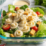 Glass container of tortellini Caesar salad with romaine, cherry tomatoes, croutons, creamy Caesar dressing, and fresh black pepper.