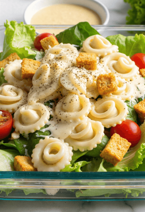 Glass container of tortellini Caesar salad with romaine, cherry tomatoes, croutons, creamy Caesar dressing, and fresh black pepper.