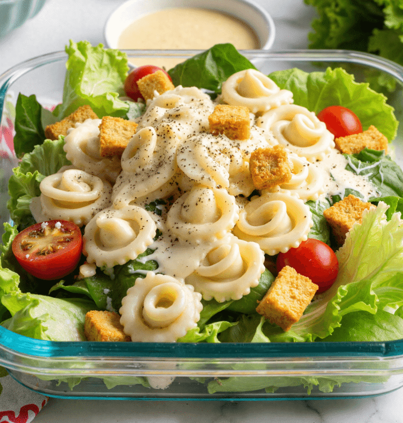 Glass container of tortellini Caesar salad with romaine, cherry tomatoes, croutons, creamy Caesar dressing, and fresh black pepper.