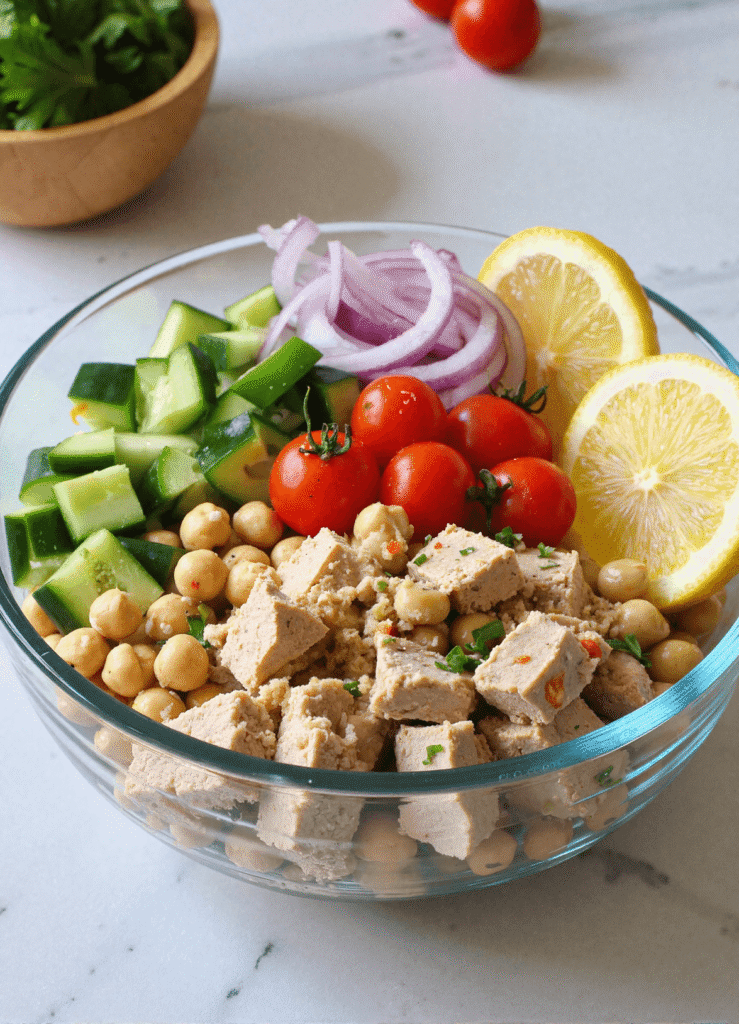 Glass bowl with tuna garbanzo salad ingredients including cucumbers, red onions, cherry tomatoes, lemon slices, and chickpeas on a white marble surface.