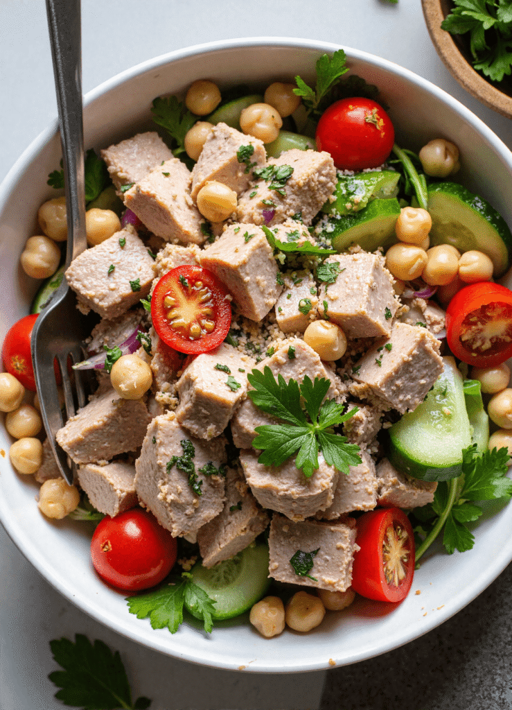 Overhead view of a Mediterranean tuna chickpea salad with cherry tomatoes, sliced cucumber, and fresh herbs in a rustic bowl.