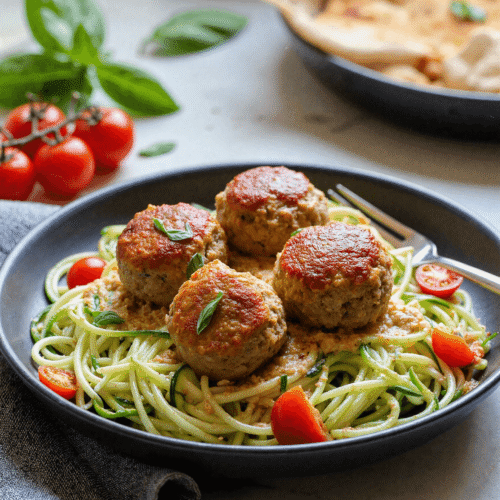 Low-carb turkey meatballs served over zucchini noodles with fresh cherry tomatoes and basil.