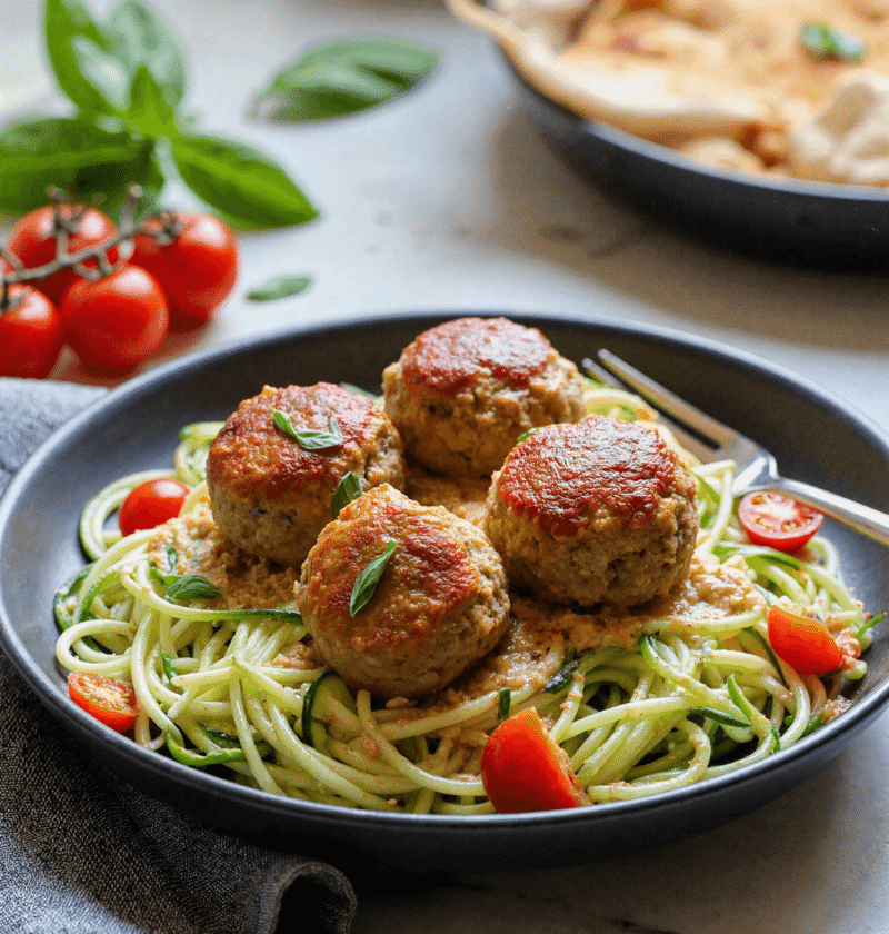 Low-carb turkey meatballs served over zucchini noodles with fresh cherry tomatoes and basil.
