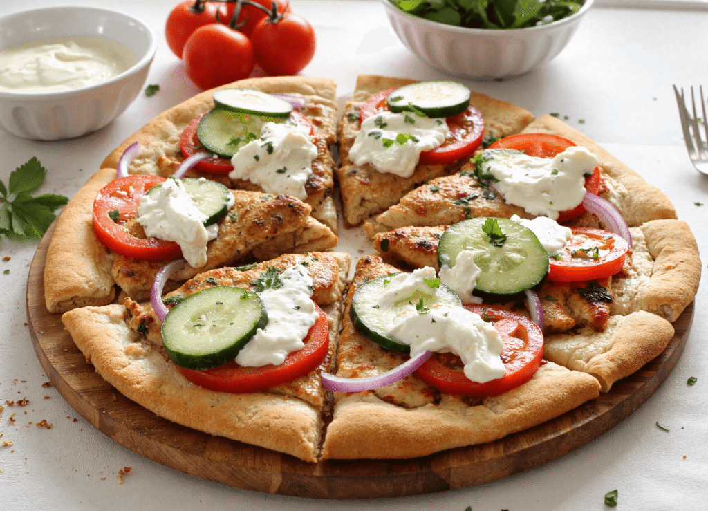 Sliced Mediterranean chicken flatbread pizza topped with tzatziki, cucumbers, tomatoes, and red onion on a wooden board.
