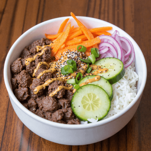Ground beef dinner bowl with white rice, cucumbers, shredded carrots, red onions, and spicy drizzle – a high-protein, meal prep–friendly comfort food.