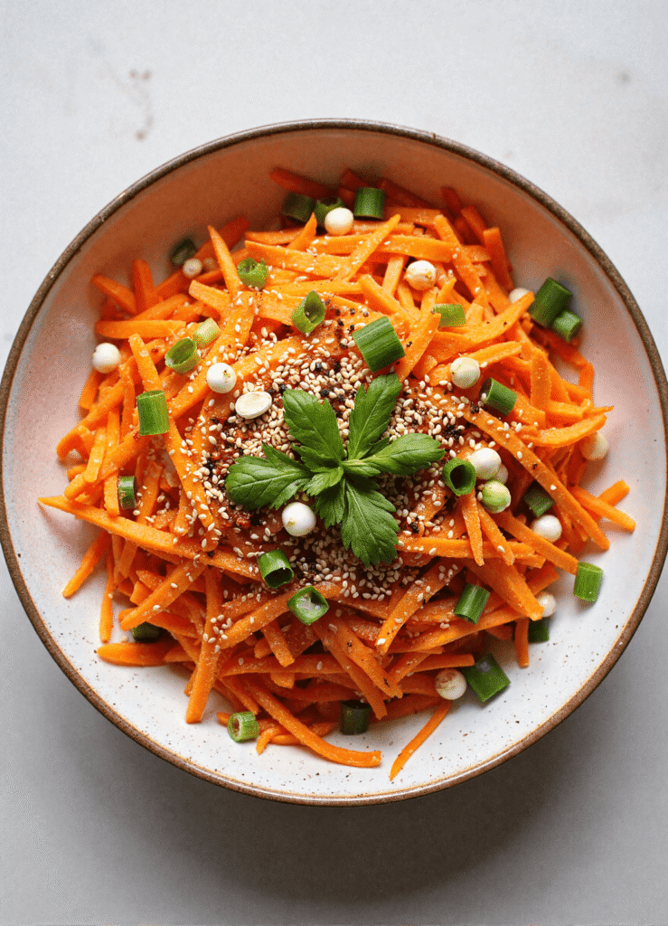 Overhead view of a bowl filled with spicy shredded carrot salad, topped with sesame seeds, green onions, and fresh parsley.