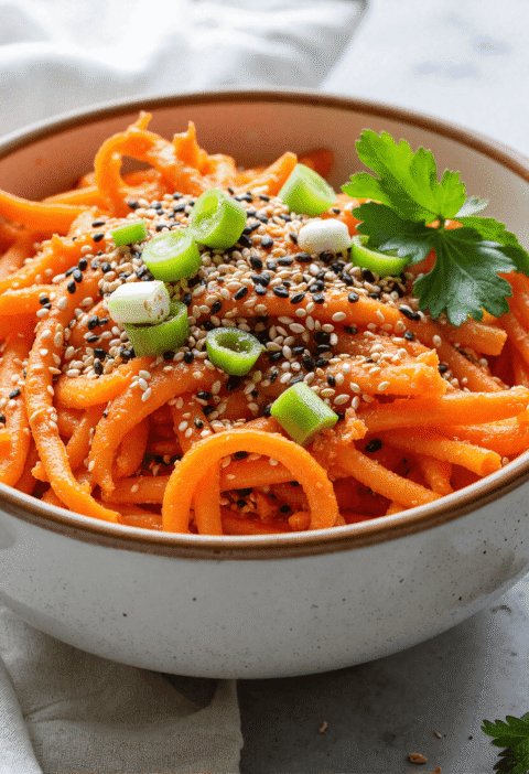 Close-up shot of spiralized carrot salad with sesame seeds, green onion slices, and parsley in a ceramic bowl.