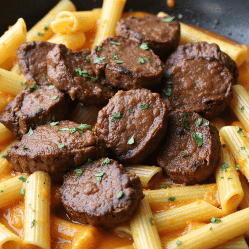 Juicy steak medallions on rigatoni pasta smothered in tomato cream sauce, garnished with fresh parsley.