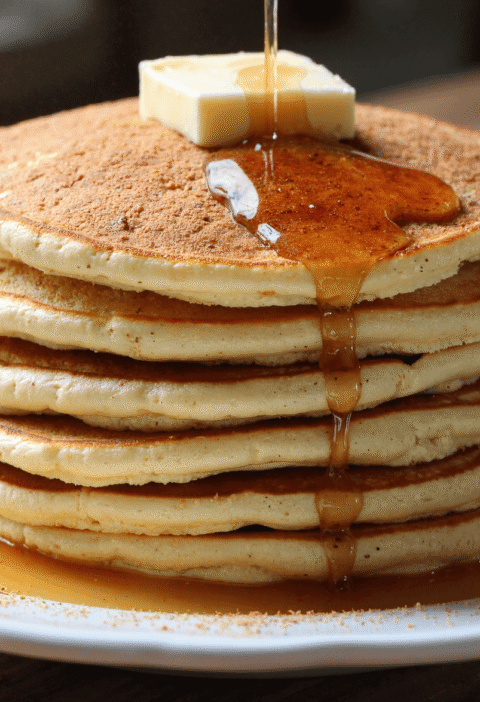 Fluffy vanilla cinnamon buttermilk pancakes stacked high with butter on top and maple syrup dripping down.