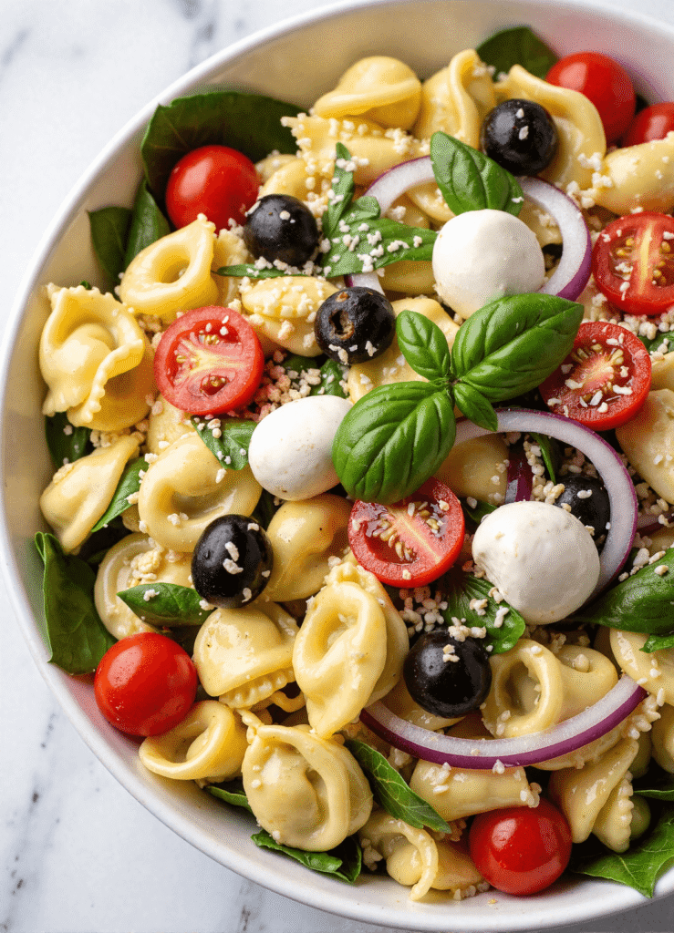 Tortellini pasta salad with cherry tomatoes, mozzarella balls, olives, red onion, and basil in a white bowl.