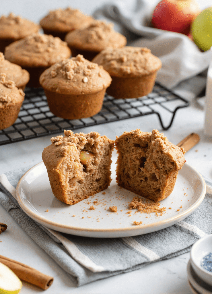 Apple cinnamon muffins with crumb topping on a plate, cooling rack and fresh apples in the background.