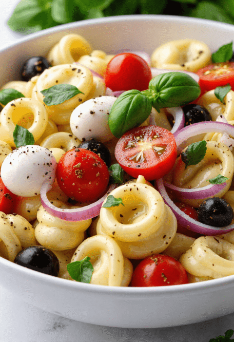 Close-up of tortellini salad with tomatoes, mozzarella balls, olives, onions, basil, and cracked black pepper.
