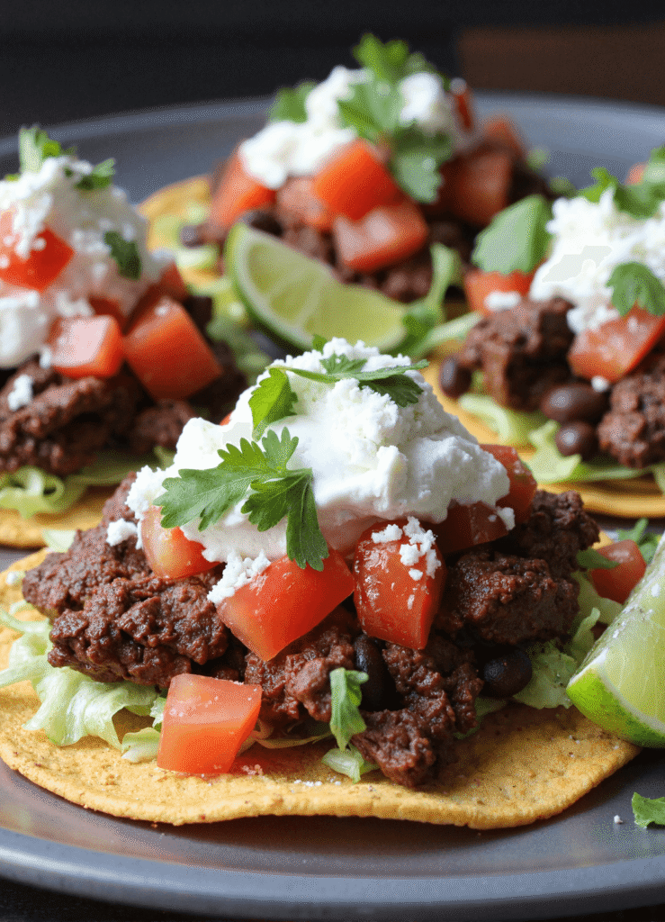 Street-style Mexican tostadas with carne asada, refried beans, lettuce, fresh pico de gallo, queso fresco, and lime wedges.
